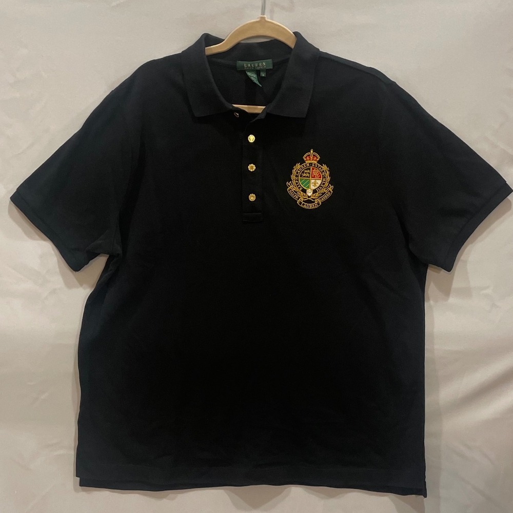 Lauren Ralph Lauren Black Polo Shirt Crest Logo Gold Button Women's